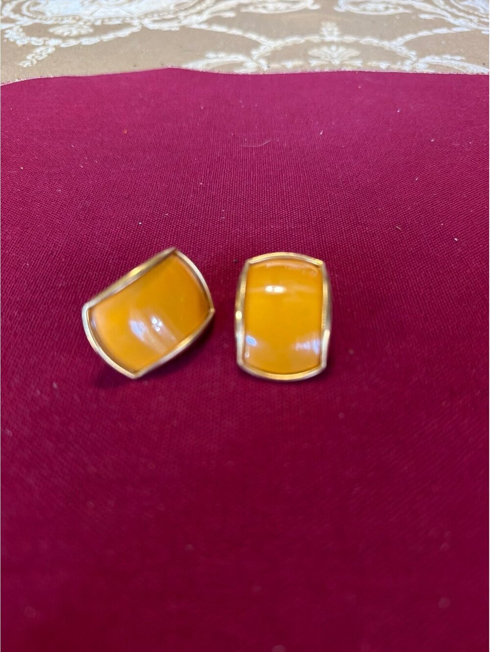 Gold Tone Orange yellow ish costume jewelry Rectangular pierced On Earrings 2” h